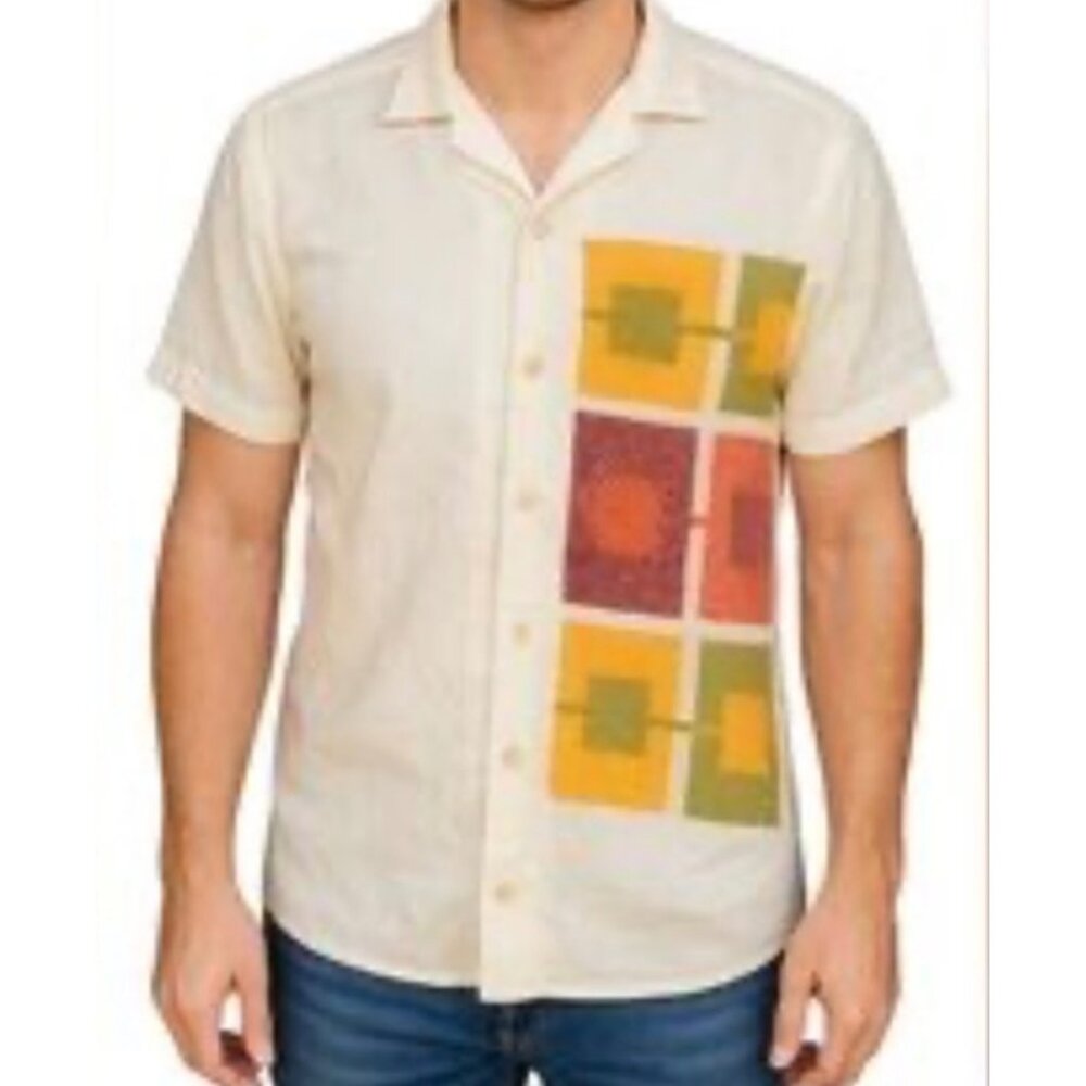 Zara Men Retro Inspired Crochet Knit Button Up Shirt Short Sleeve Cotton Blend M